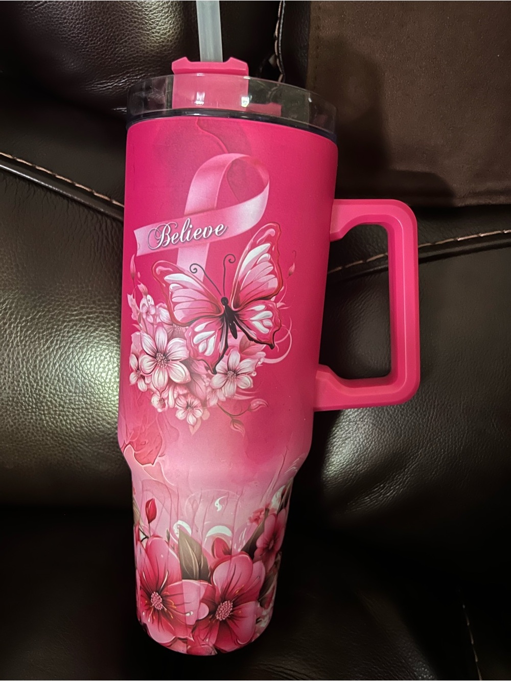Bright Pink Floral Butterfly Travel Mug with Handle - Picture 4 of 4